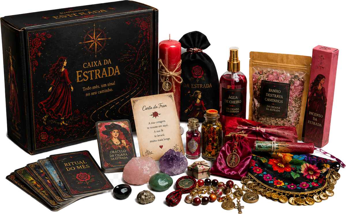 A Caixa da Estrada: o box mensal da Mãe Fran, com velas, ervas, cartas, amuletos e uma carta escrita à mão.